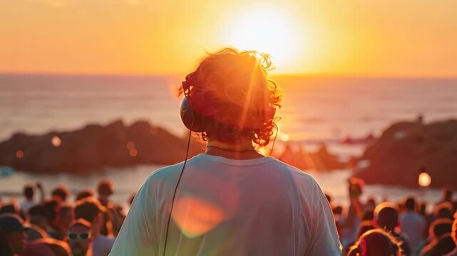 DJ playing music in front of crowd at sunset at a sea view party venue.