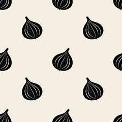 Pattern with dark figs fruits, stylized drawing on beige background.