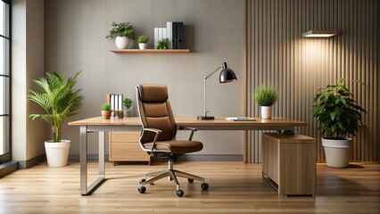 Sleek, minimalist workspace with a large, polished wooden desk, ergonomic chair, and neatly organized office supplies, surrounded by a calm, neutral-toned background.