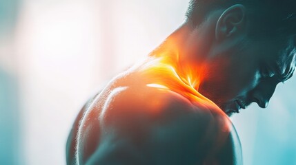 Athlete experiencing shoulder pain. Depiction of muscle injury and inflammation through vibrant lighting and detailed focus.