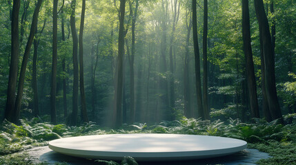 3D Rendered Podium Scene with a White Circular Platform Surrounded by Green Trees and Plants in a Sunlit Forest, Featuring Soft Lighting and a Dreamy Atmosphere