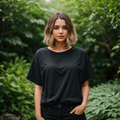 Fototapeta premium A confident young woman with a stylish bob stands among vibrant green leaves and blooming flowers 