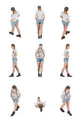 Set of orthographic isometric views of young stylish casual girl walking and looking down. Full body isolated on transparent background