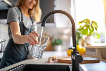 Close-up of thirsty man getting a glass of water from the sink in the kitchen. Beautiful simple AI generated image in 4K, unique.