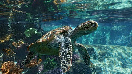Fototapeta premium Sea Turtle Swimming Through Coral Reef