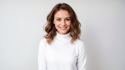 Obraz premium A delighted woman in a white turtleneck against a grey setting 