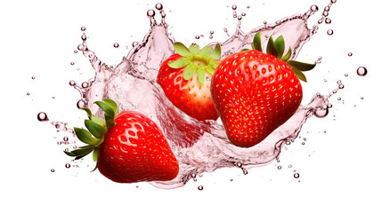 Strawberries in splashing juice on white background