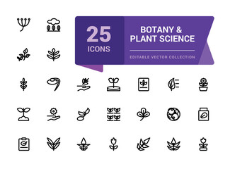 Botany and Plant Science icon set. science laboratory education school learning detailed outline line icon set. Simple editable vector stroke illustration.