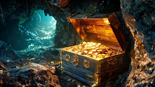 An old wooden treasure chest with gold coins in a hidden cave