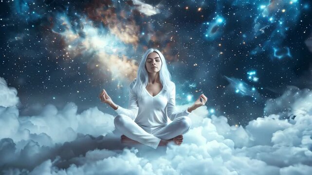 A beautiful young woman meditating on clouds