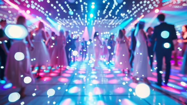 Academic gala night, students in formal wear, lively dance floor, vibrant decorations, colorful lights, wide-angle lens, high resolution, festive atmosphere