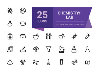 Chemistry Lab icon set. Simple Set of Chemical Related Line Icons. Contains such Icons as Atom, Flask, Experiment, Research, Laboratory and more.