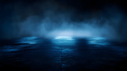 Dark street, wet asphalt, reflections of rays in the water. Abstract dark blue background, smoke, smog. Empty dark scene, neon light, spotlights. Concrete floor