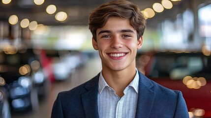 A cheerful young man poses confidently while surrounded by elegant cars in a modern showroom