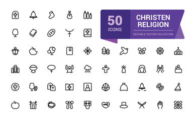 Christian religion vector line icon set. Jesus Christ outline style. Related to religion symbol, Easter, Christening, Holy Spirit, Religious. Simple editable vector stroke illustration.