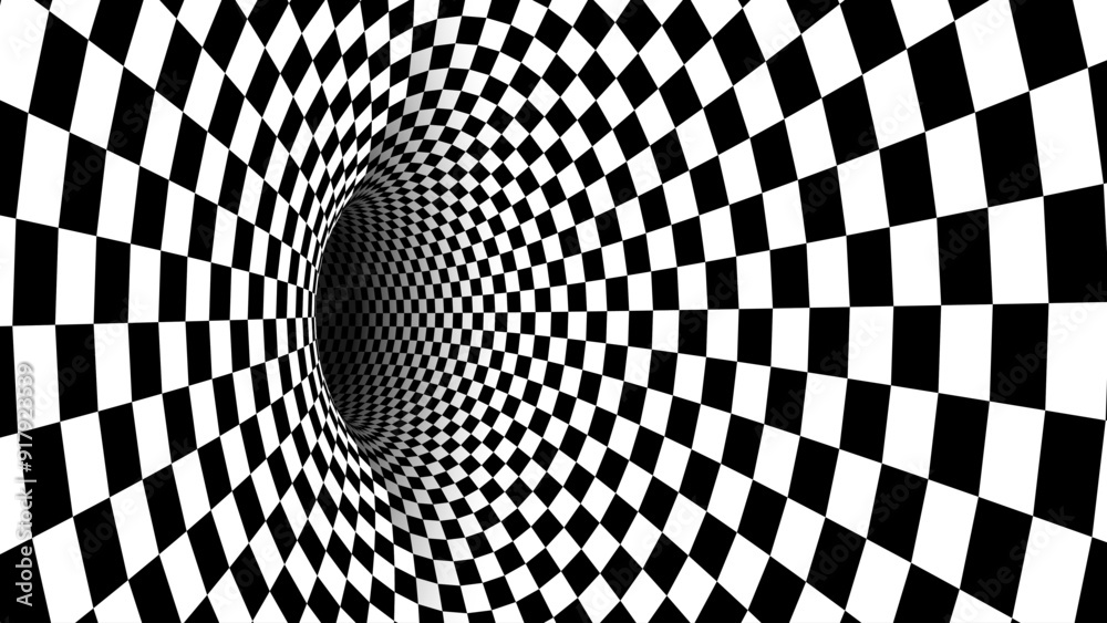 Poster Abstract Black and White Optical Illusion Chess Pattern with Tunnel. Contrasty Optical Art Gravity Vortex. Smooth Checkered Tunnel and Chessboard in Perspective. Vector Illustration.