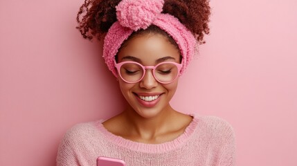 A cheerful young woman wearing pink accessories engages with her phone, radiating happiness and style