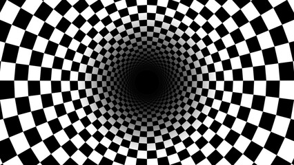 Fototapeta premium Abstract Black and White Optical Illusion Chess Pattern with Tunnel. Contrasty Optical Art Gravity Vortex. Smooth Checkered Tunnel and Chessboard in Perspective. Vector Illustration.