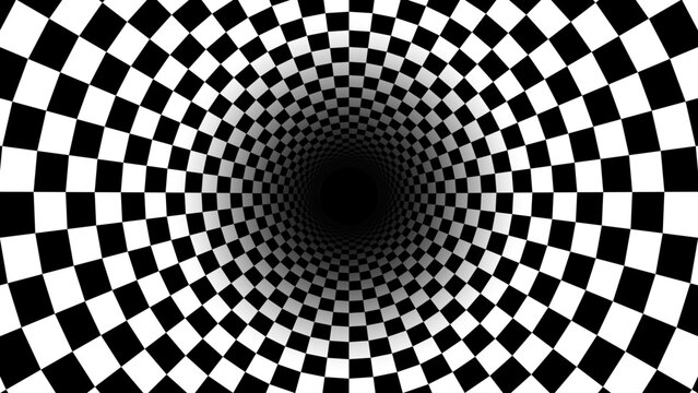 Abstract Black and White Optical Illusion Chess Pattern with Tunnel. Contrasty Optical Art Gravity Vortex. Smooth Checkered Tunnel and Chessboard in Perspective. Vector Illustration.