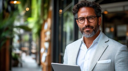 A stylish man with glasses holds a laptop while smiling in a lively café setting