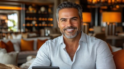 Fototapeta premium A smiling man sits comfortably in a stylish lounge, enjoying his time and engaging with a device