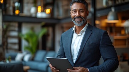 Fototapeta premium A man in a suit smiles warmly while holding a tablet in a contemporary office setting