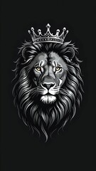 Obraz premium lion's head with a crown on its head, against a black background. The lion has a serious expression.