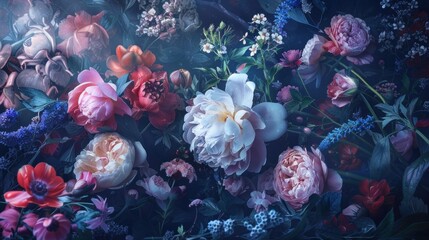 A vibrant arrangement of diverse flowers, including peonies and anemones, set against a dark, ethereal background with soft lighting