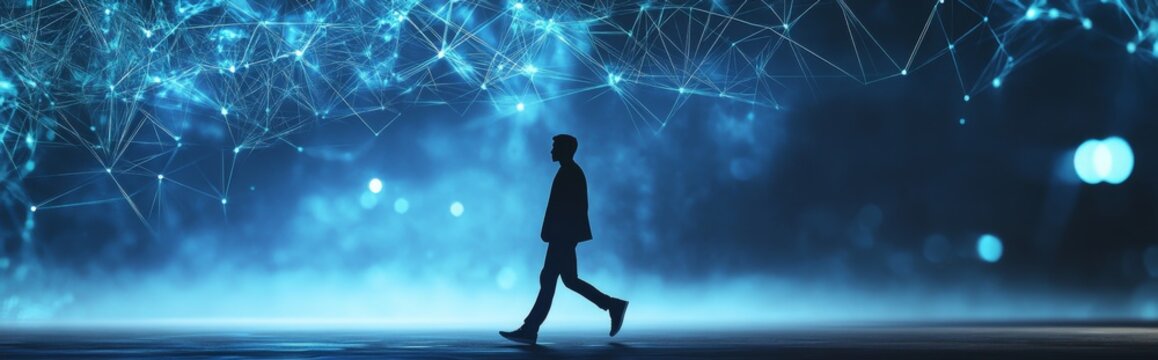 Innovative AI Concept Art: A Silhouette Walks Through the Knowledge Graph, Integrating AI with Text Classification and Sentiment Analysis in a High-Tech Blue Light Ambiance.