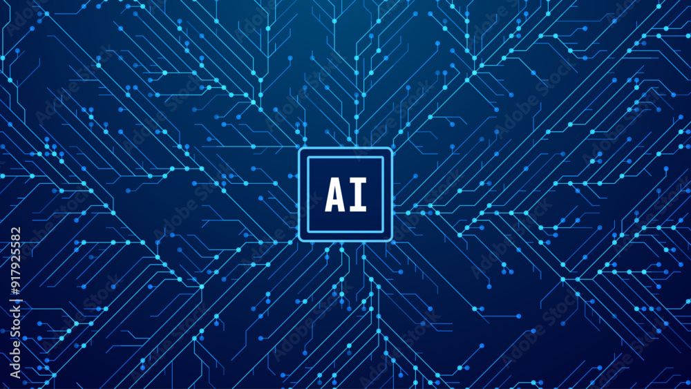 Poster Abstract AI Digital Circuit Board Tech Background. Technology Connected Blue Lines Electronics Elements BG. Computer Motherboard Processor Chip. Neural Network Concept. Vector Illustration.