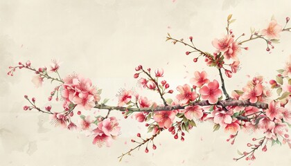Fototapeta premium Elegant Vintage Botanical Artwork Featuring Pink Cherry Blossoms, Off-White Background