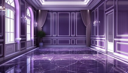 Fototapeta premium Luxurious Purple Paneled Room with Glossy Flooring and White Trim