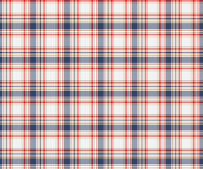 Plaid pattern, white, blue, red, yellow, seamless for textiles and design clothing, skirts, pants, aprons, tablecloths, blankets or decorative fabrics. Vector illustration.