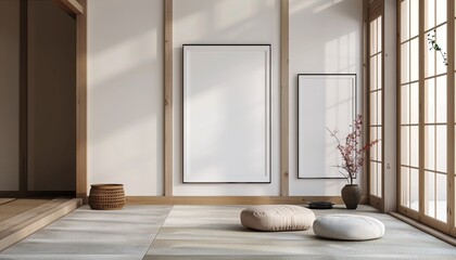 Modern Japanese-Style Room with Shoji Doors, Tatami Mats, Minimalist Decor, Large-Frame Artwork on Wall. Background with Copy Space. Mockup