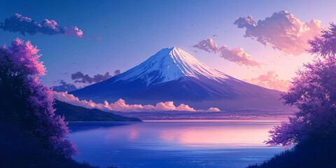 Majestic Mount Fuji Silhouette: Serene Seascape in Anime-Style Digital Illustration. Winter Wonderland Meets Cultural Icon for Creative Marketing, Book Illustrations, and Festive 4K Wallpaper. AI-Gene