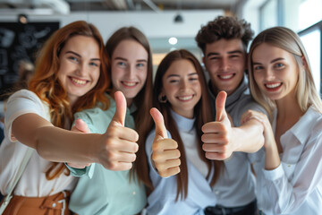 A group of happy young people showing thumbs up while standing together.