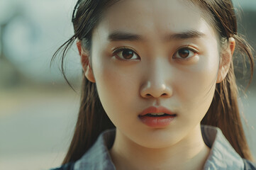 Close-up Portrait of a Young Asian Woman with a Surprised and Trepidatious Expression.一位年轻亚洲女性的特写，带着惊讶和恐惧的表情