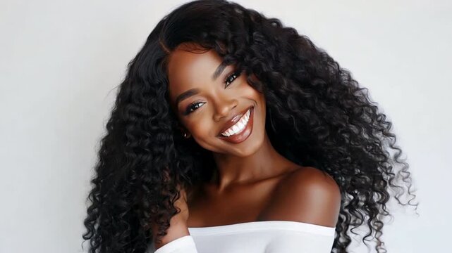 Beautiful girl with long curly hair wearing a white shirt