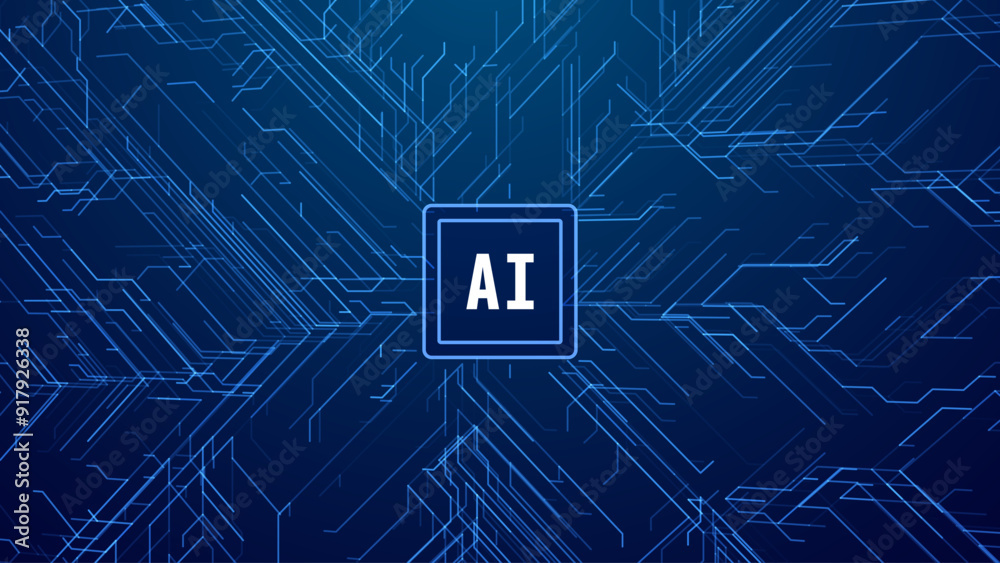 Poster Abstract AI Digital Circuit Board Tech Background. Technology Connected Blue Lines Electronics Elements BG. Computer Motherboard Processor Chip. Neural Network Concept. Vector Illustration.
