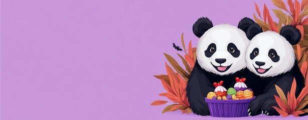 Fototapeta premium Pandas with Halloween candy in a purple background setting.