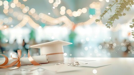 Scholarship award event, recipient with hat and certificate, formal setting, supportive crowd, warm ambient lighting, mid-range shot, high resolution, academic success