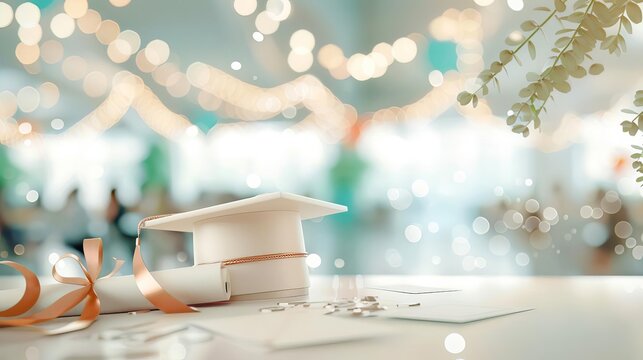 Scholarship award event, recipient with hat and certificate, formal setting, supportive crowd, warm ambient lighting, mid-range shot, high resolution, academic success