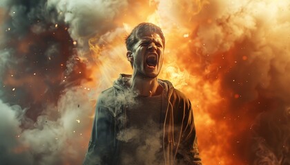 Young Angry Man Screaming on Smoky Background Concept of Protest and Furious Opinions