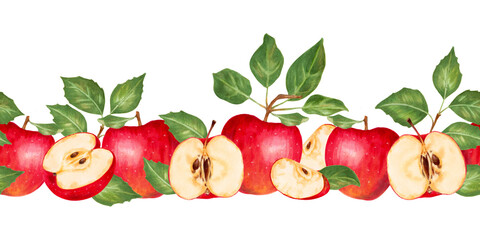 Seamless border with red apples, slices and green leaves. Watercolor and marker illustration. Hand drawn isolated horizontal banner. Garden fruits sketch for harvest decoration, juices, packages.
