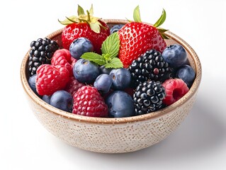 Obraz premium Delicious Assortment of Fresh and Vibrant Mixed Berries in Wooden Bowl on White Background