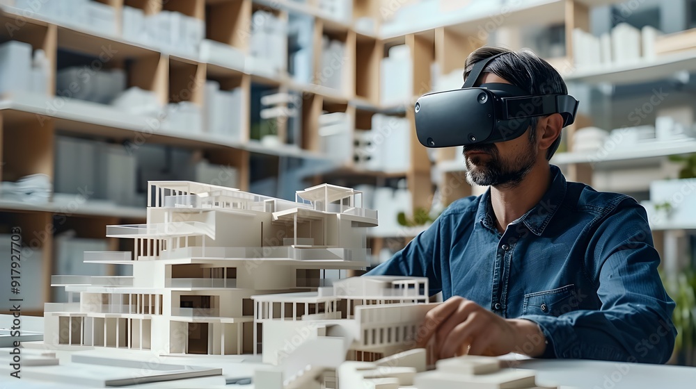 Poster professional architect visualizing interactive virtual building models in vr headset