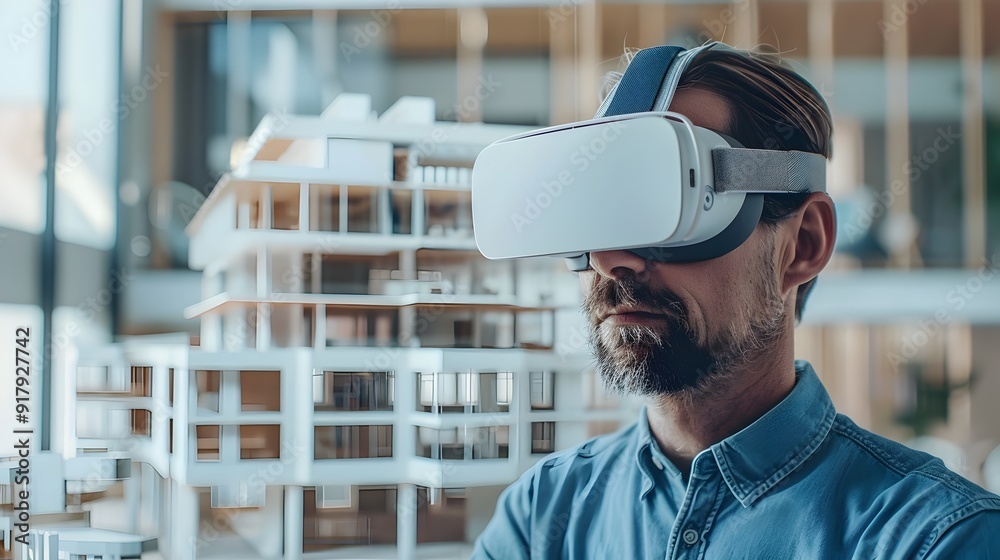 Poster professional using vr headset for virtual architecture visualization with detailed interactive build