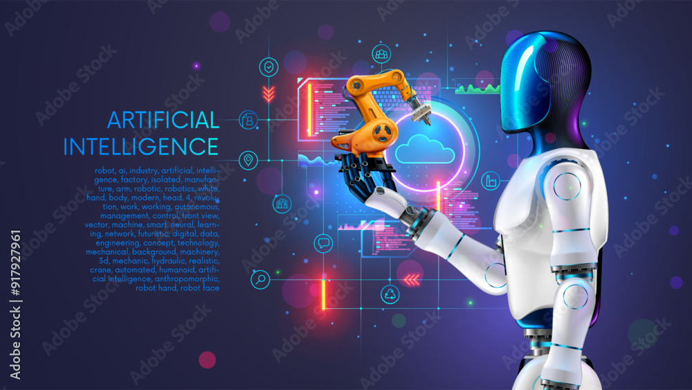 Leinwandbilder AI management work robots on factory. Humanoid robot with artificial intelligence or AI controls robotics arms on factory or manufacture. Industry 4.0. AI technology in industrial revolution. Concept