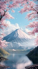 Dreamy Pink Mount Fuji Landscape: Majestic Peak Surrounded by Blooming Cherry Blossoms in Anime-Style Illustration. Blending Winter Snow and Spring Revival for Creative Marketing, Book Art, and Cultur