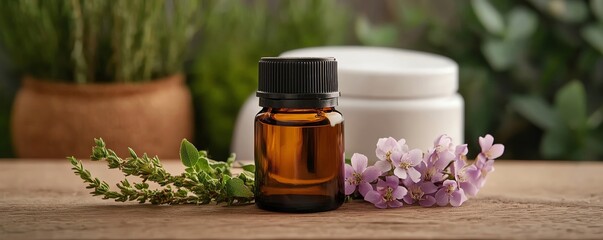 Aromatic essential oil bottle surrounded by fresh herbs and flowers, perfect for wellness and relaxation concepts.